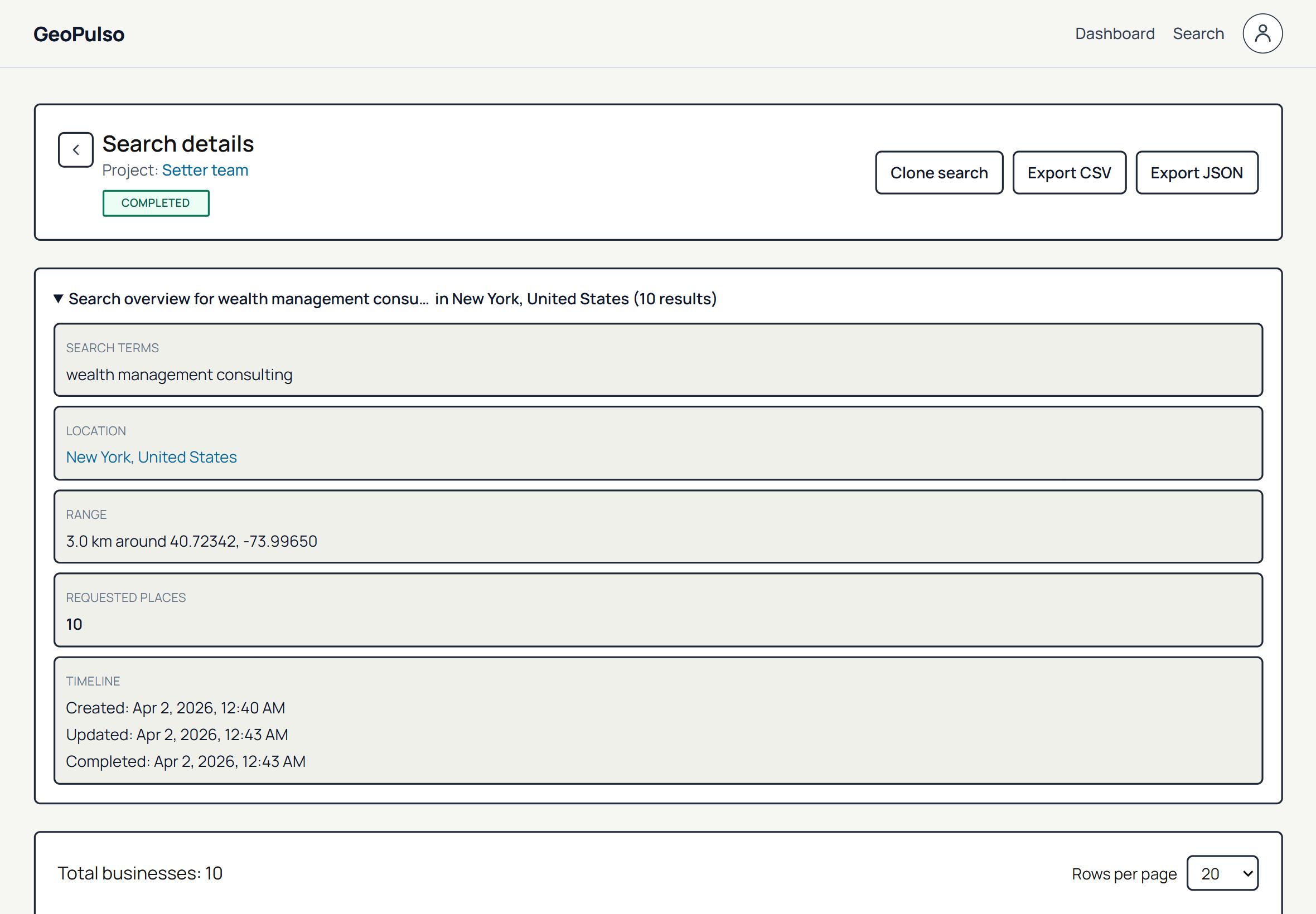 Project search overview with saved search details and run history.