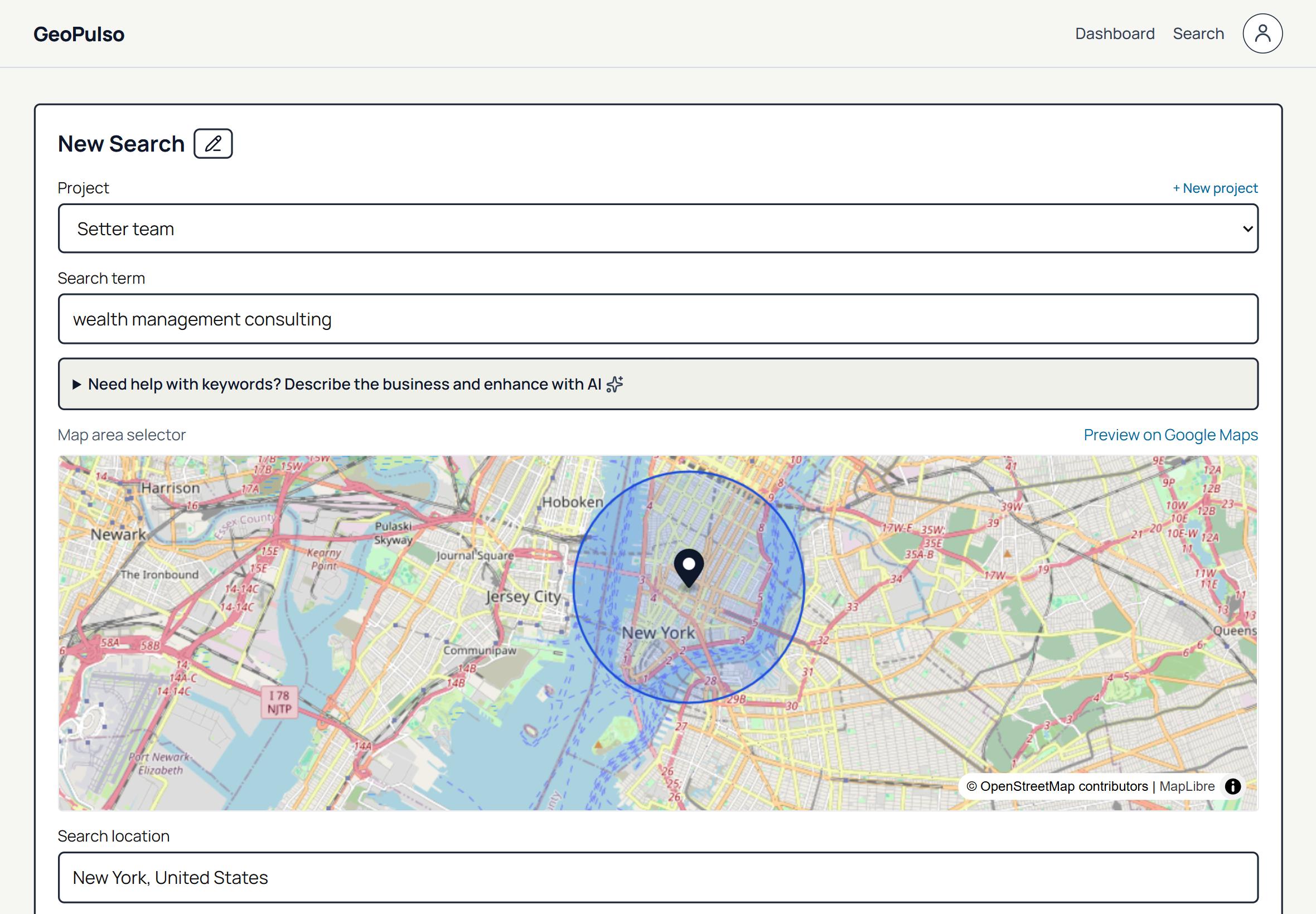 Search screen with business niche, location, and lead filtering controls.
